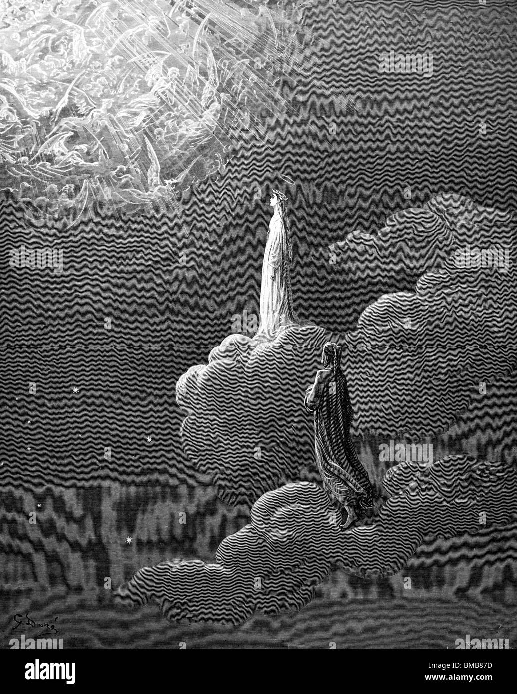 Grabado de Gustave Doré de la Divina Comedia de Dante Alighieri, Dante y Beatrice testimonio los espíritus en la esfera de Marte Foto de stock