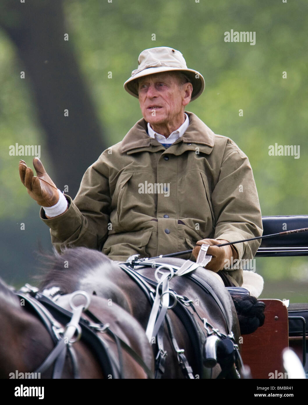 Bretaña es el príncipe Felipe, Duque de Edimburgo, montar su caballo y carro en Windsor Inicio Parque Foto de stock