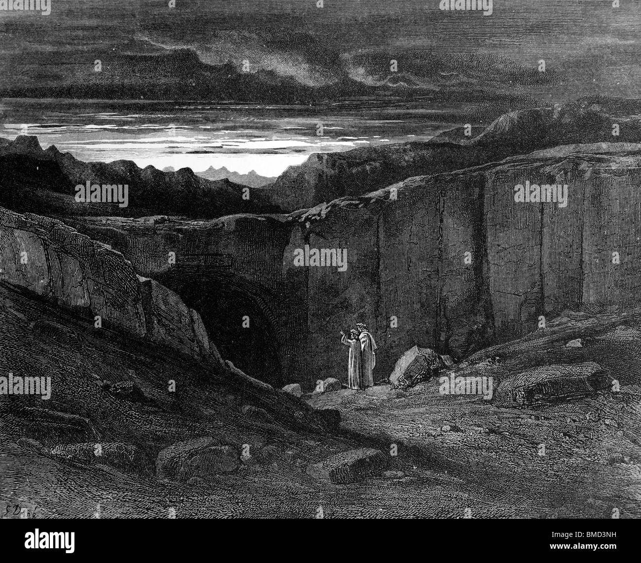 Grabado de Gustave Doré de la Divina Comedia de Dante Alighieri 'infierno' o 'visiones del Infierno"; Dante y Virgilio entrar en el infierno Foto de stock
