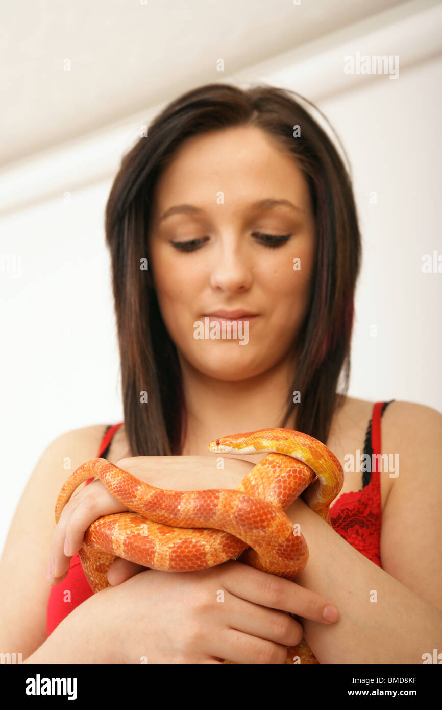 Una mujer mirando una serpiente de Maíz celebrada en su mano Foto de stock