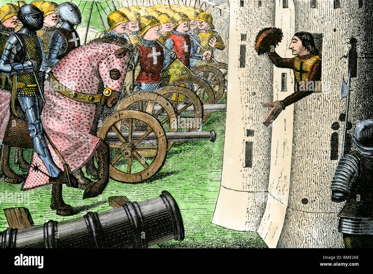 Captura de Alencon durante la Guerra de los Cien Años, 1400s. Xilografía coloreada a mano Captura de Alencon durante la Guerra de los Cien Años, 1400s. Xilografía coloreada a mano