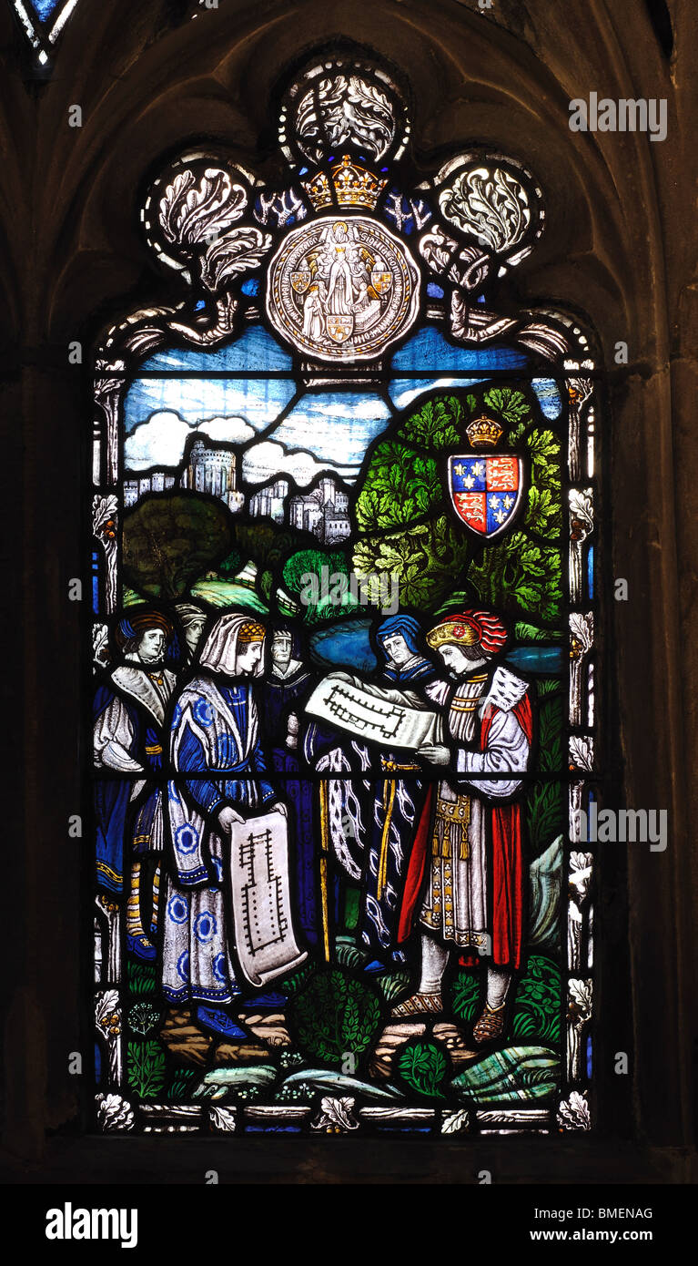 Fundadores de Eton College, vitrales en la capilla Stanbury, la catedral de Hereford, Herefordshire, Inglaterra, Reino Unido Foto de stock