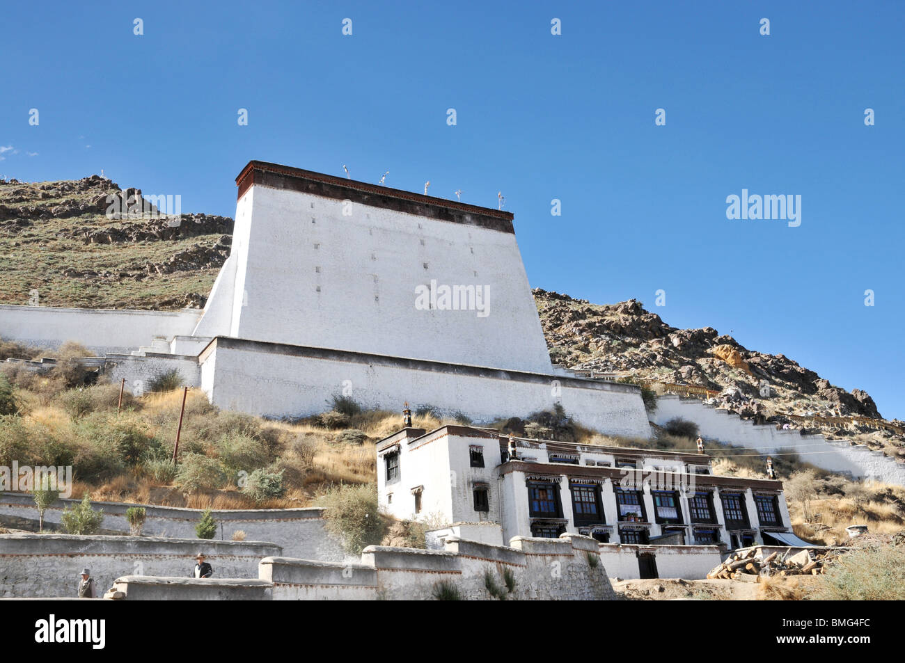 La arquitectura tibetana Shaifotai utilizado para la inauguración del Buda Gigante, el monasterio de Tashilumpo Tangka, Xigaze, Tíbet, China Foto de stock