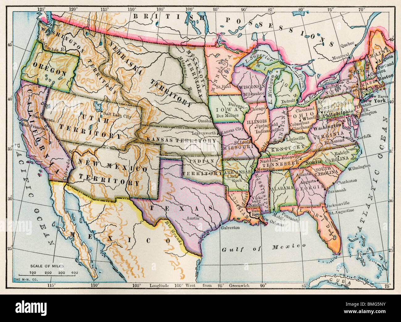 Estados Unidos y sus territorios al comienzo de la Guerra Civil. Litografía de color Foto de stock