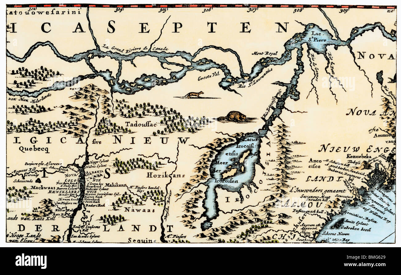 Nova Belgh Tabula, mapa de Nueva Holanda y Nueva Inglaterra, 1670. Xilografía coloreada a mano Foto de stock