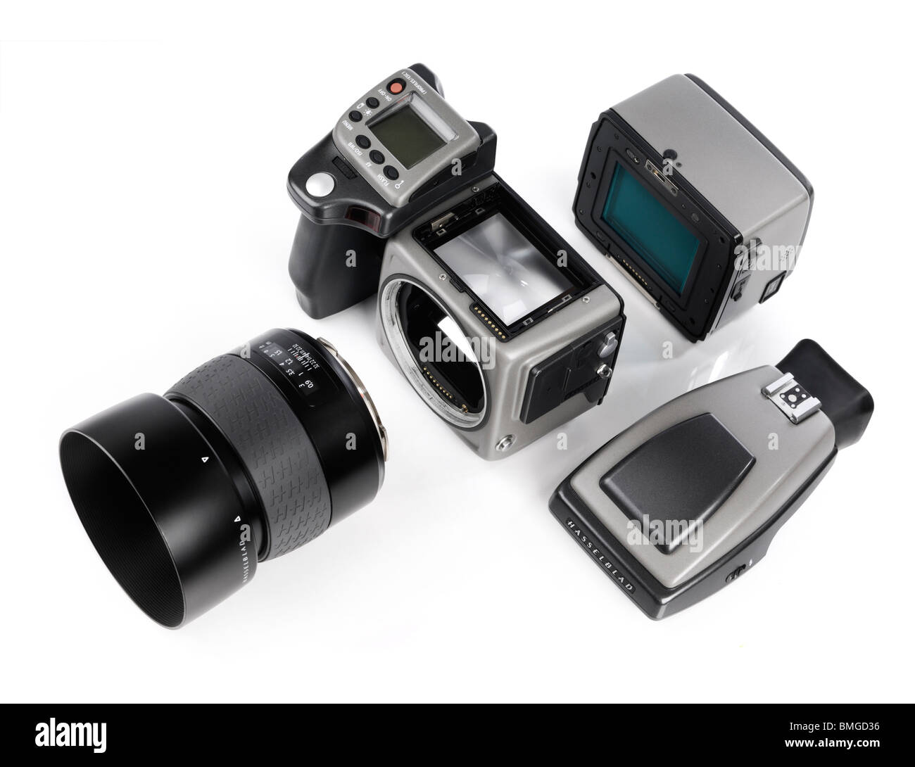 Hasselblad H3DII-39 con cámara digital de formato medio digital back, la lente y el visor separado del cuerpo de la cámara Foto de stock