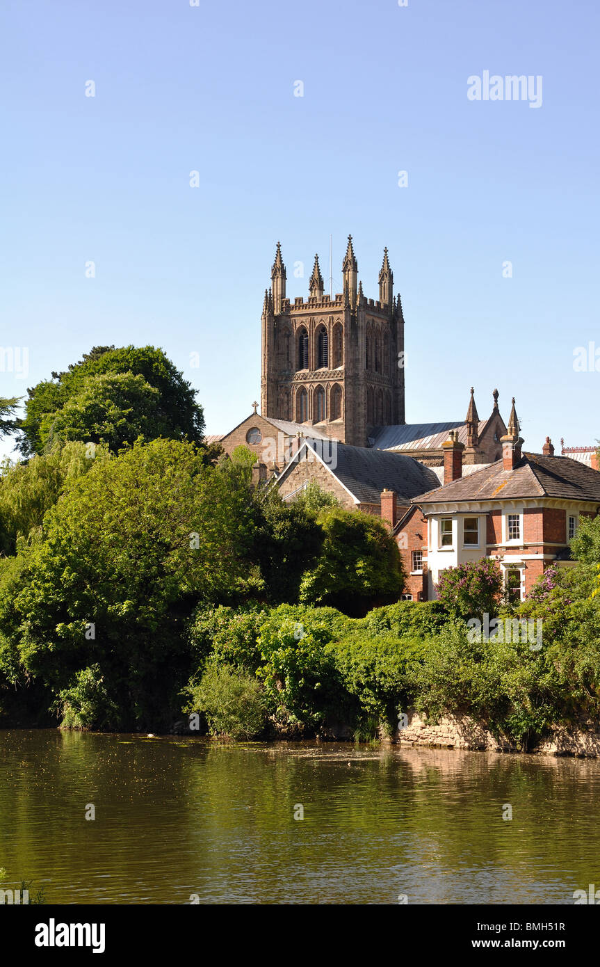 Hereford Cathedral y del Río Wye, Herefordshire, Inglaterra, Reino Unido. Foto de stock