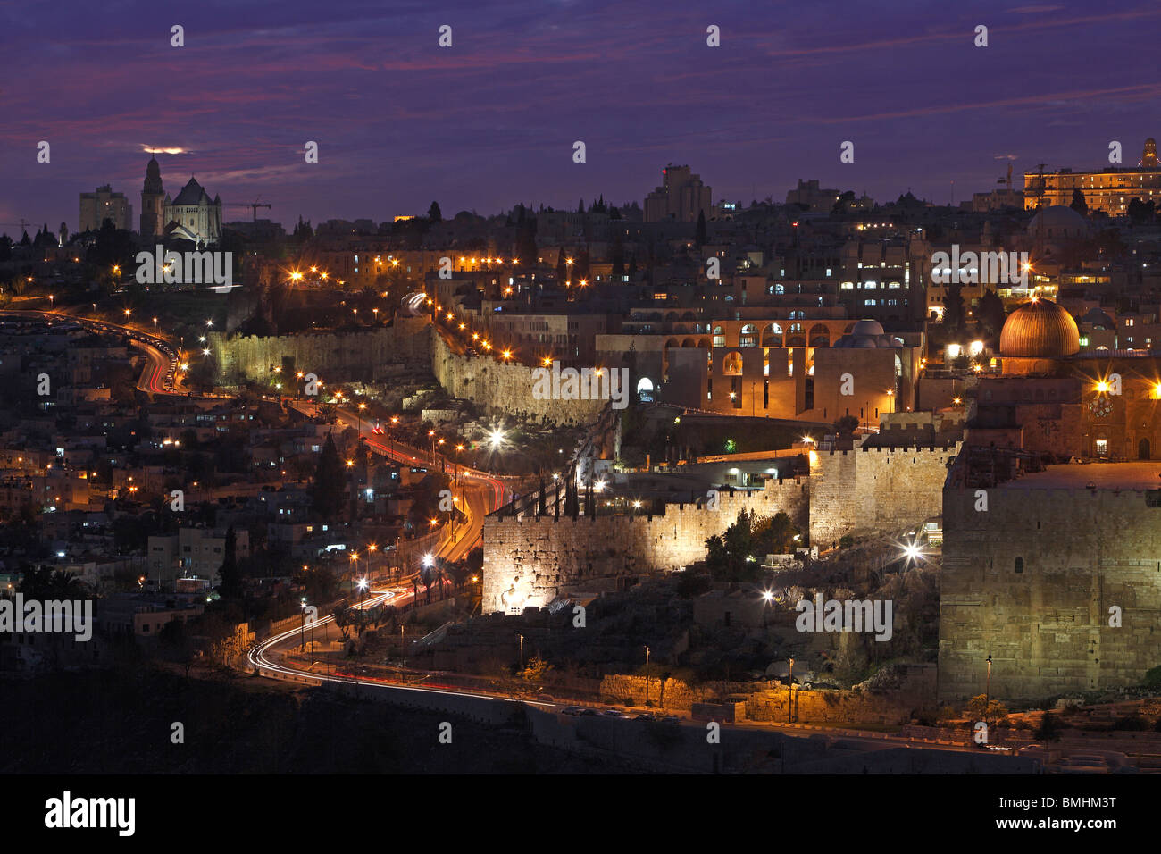 Israel, Jerusalén, muro oriental del Monte del Templo, a la vieja ciudad, la Mezquita de El Aksa,Mt. Sión,Dormición iglesia Foto de stock