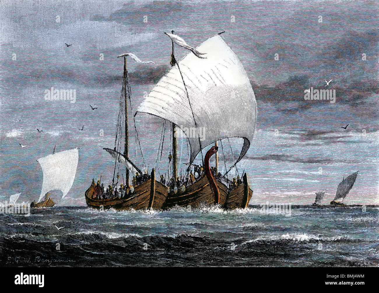 Los barcos vikingos en el mar con los guerreros a bordo. Xilografía coloreada a mano Foto de stock