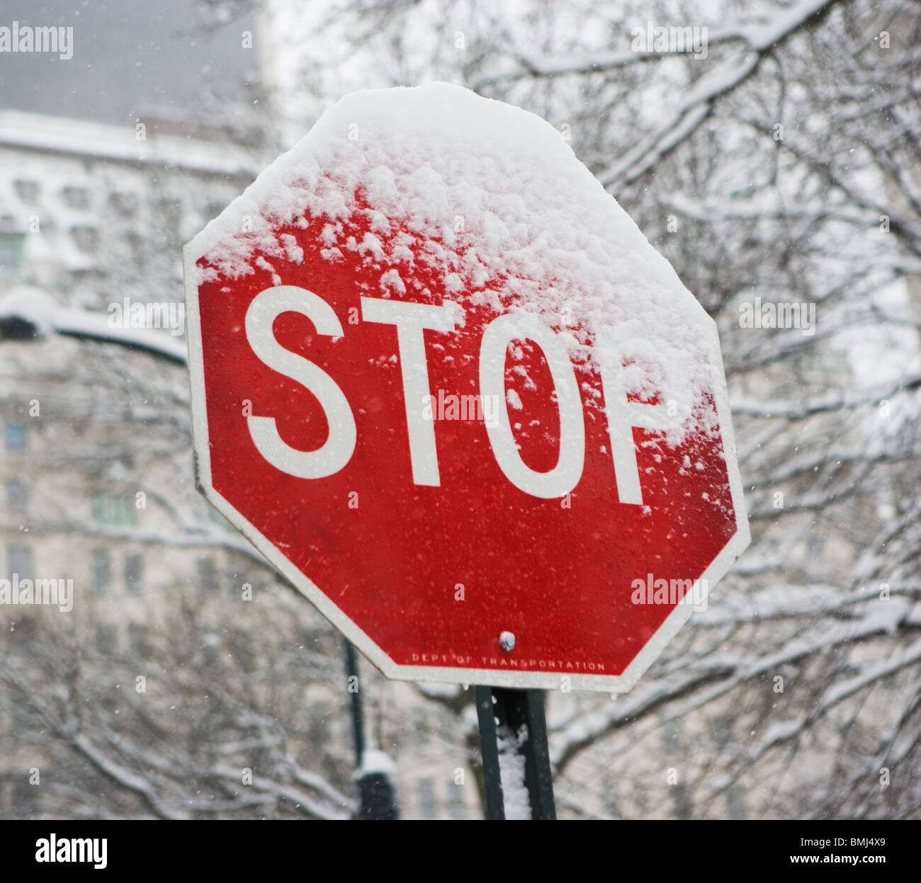 La nieve cubrió la señal de stop Foto de stock