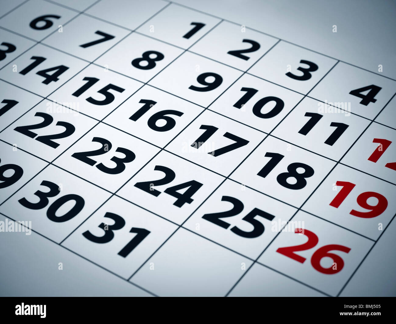 Cierre de números en una página del calendario. Foto de stock