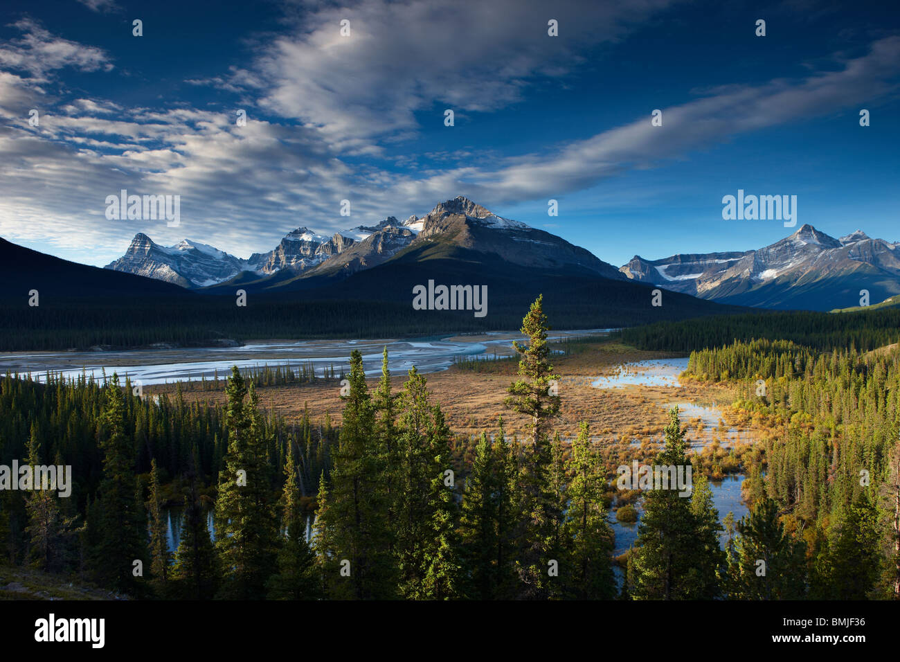 El río y las montañas Waputik Howse, Saskatchewan Crossing, Parque Nacional de Banff, Alberta, Canadá Foto de stock