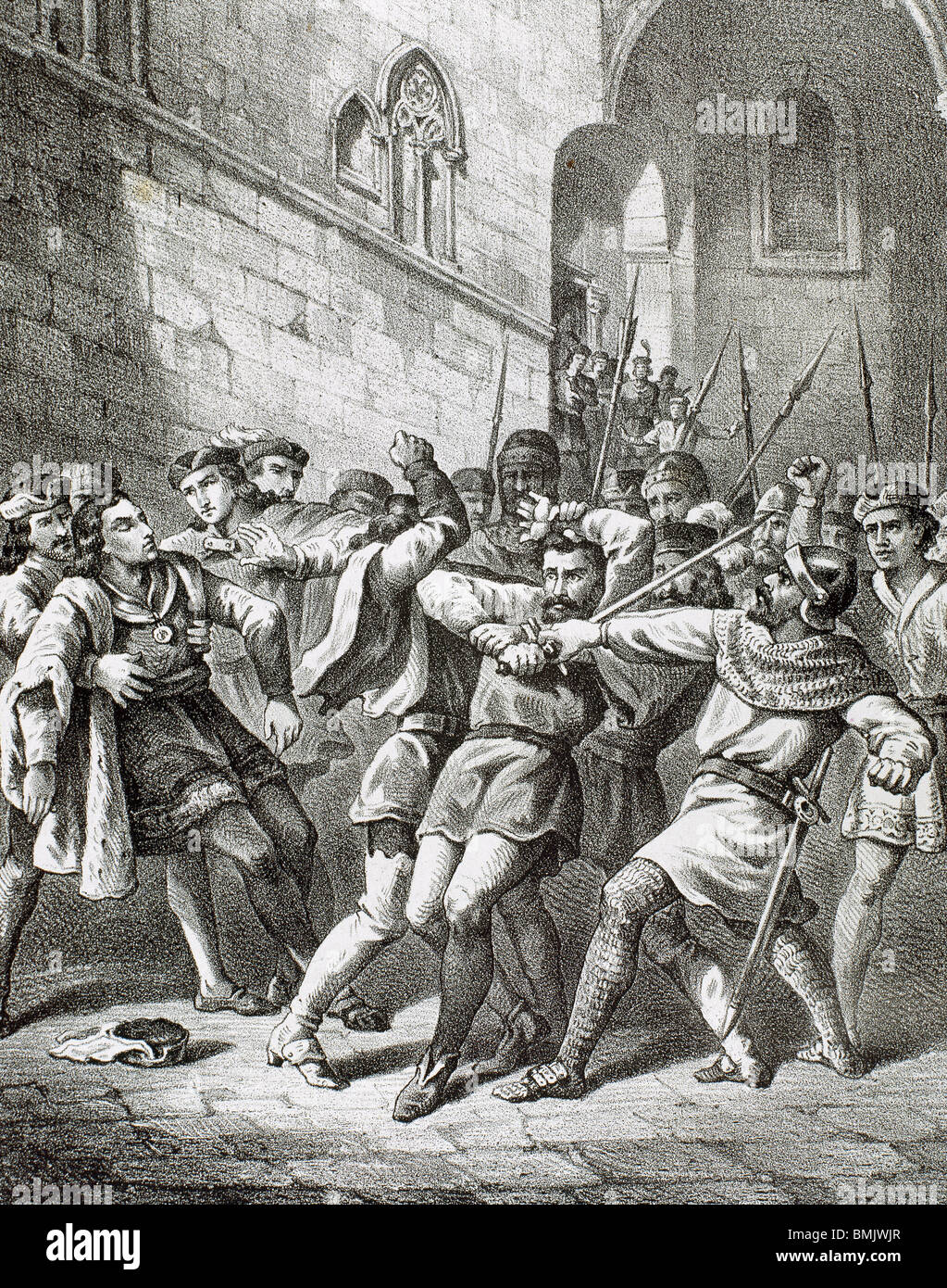 Intento de asesinato del Rey Fernando II de Aragón, en Barcelona el 18 de octubre de 1492, un vasallo remença. Cataluña. España. Foto de stock