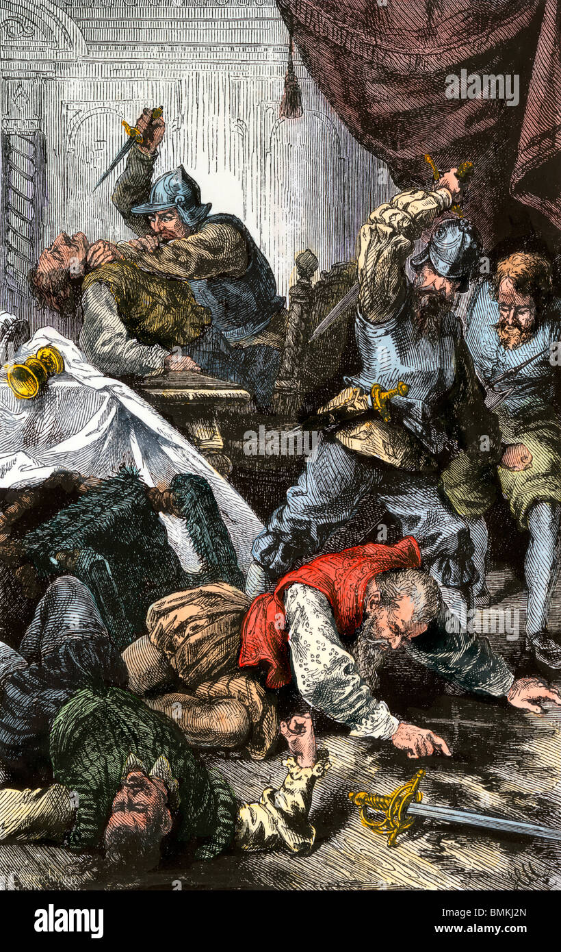 Asesinato de Pizarro en venganza por la muerte de Diego de Almagro, Perú, 1541. Xilografía coloreada a mano Foto de stock
