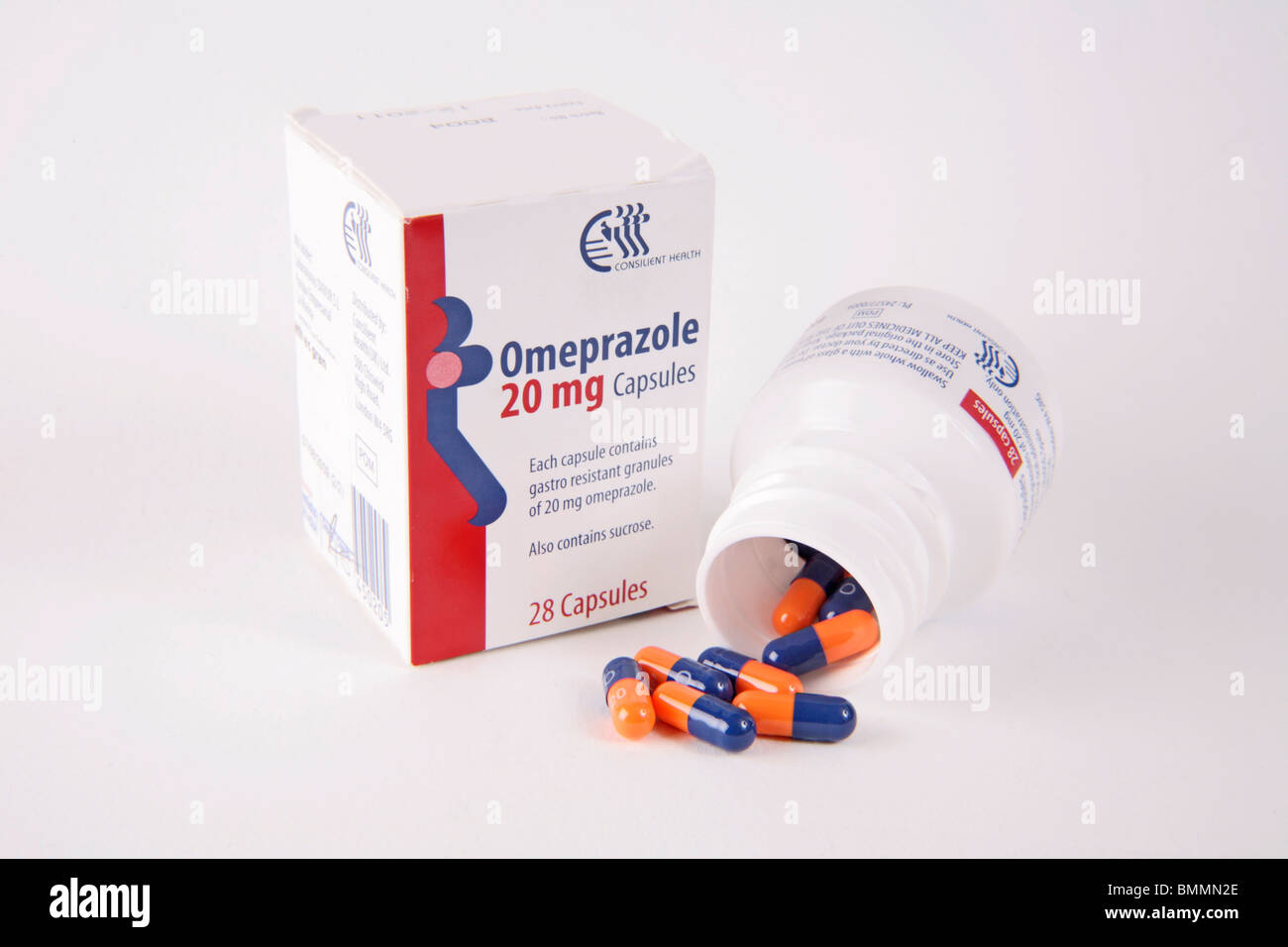 Tabletas de omeprazol inhibidor de bomba de protones para el tratamiento de la úlcera péptica, la dispepsia y reflujo gastroesofágico Foto de stock