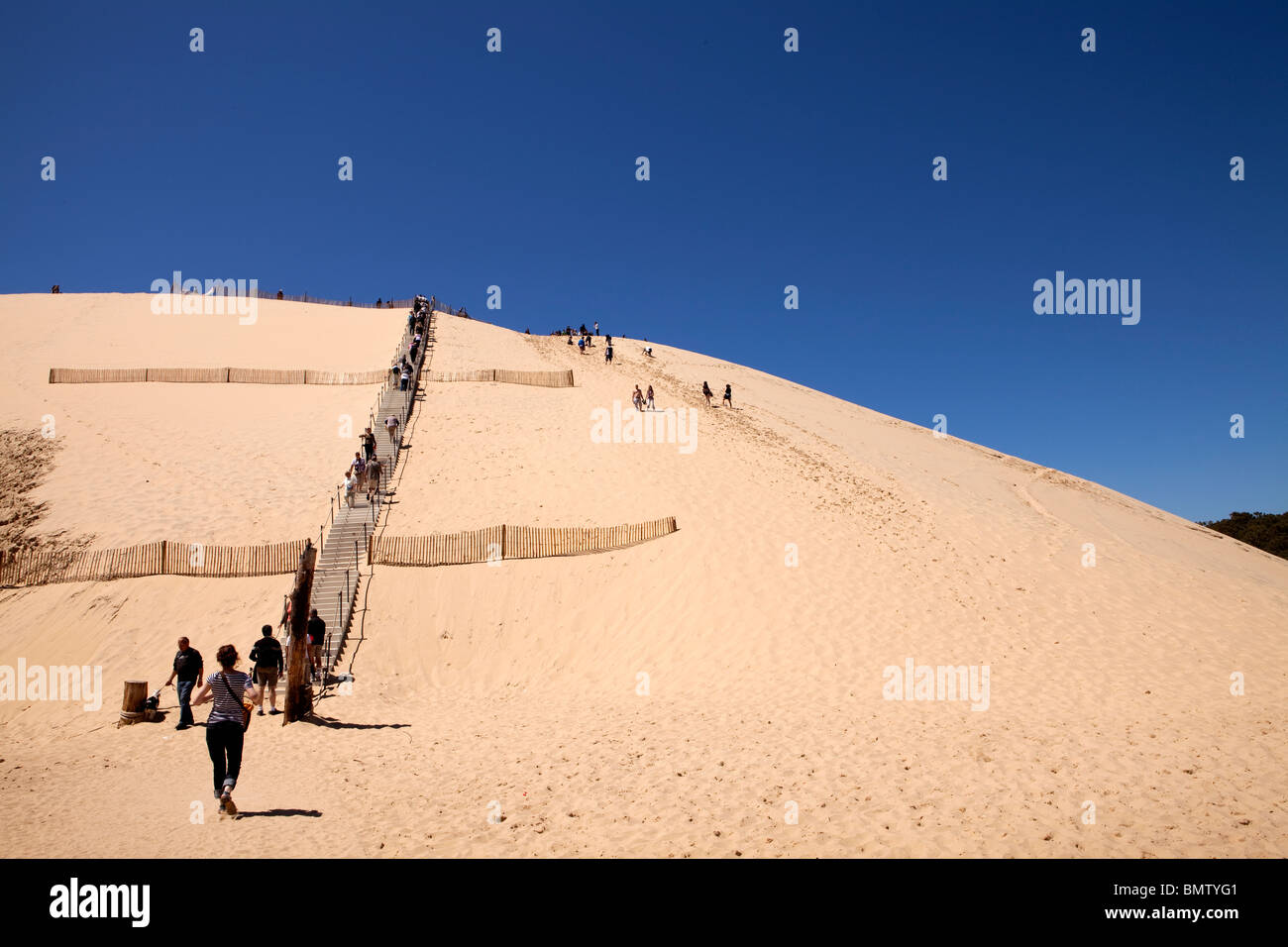 Los turistas subir la gran duna de Pyla, bahía de Arcachon, Francia Foto de stock