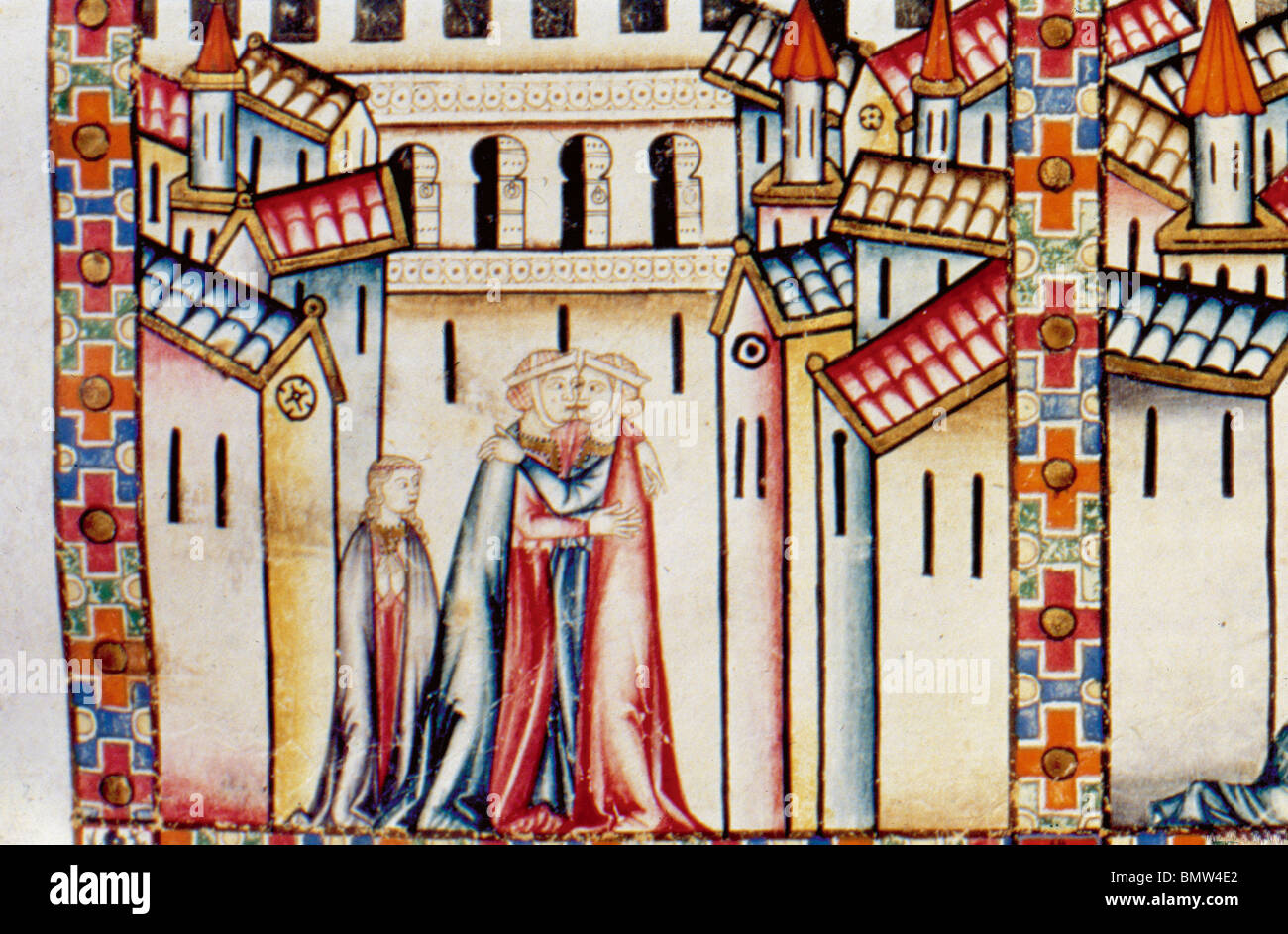 Cantigas de Santa María (los cánticos de Santa María). Encuentro entre dos mujeres. España. Patrimonio Nacional. Foto de stock