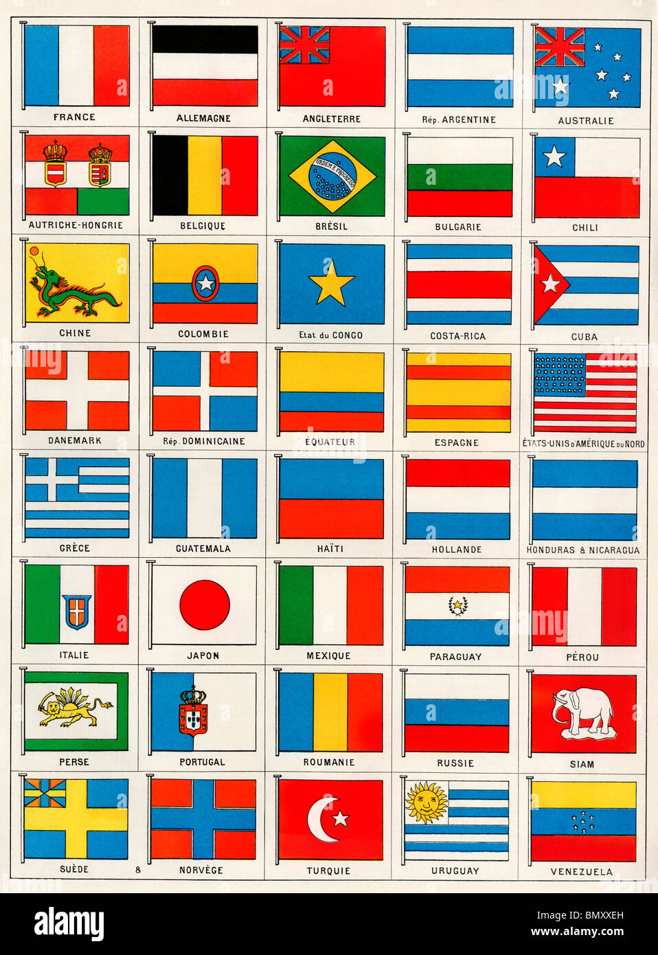 Banderas de 40 países alrededor del año 1890. Litografía de color Foto de stock
