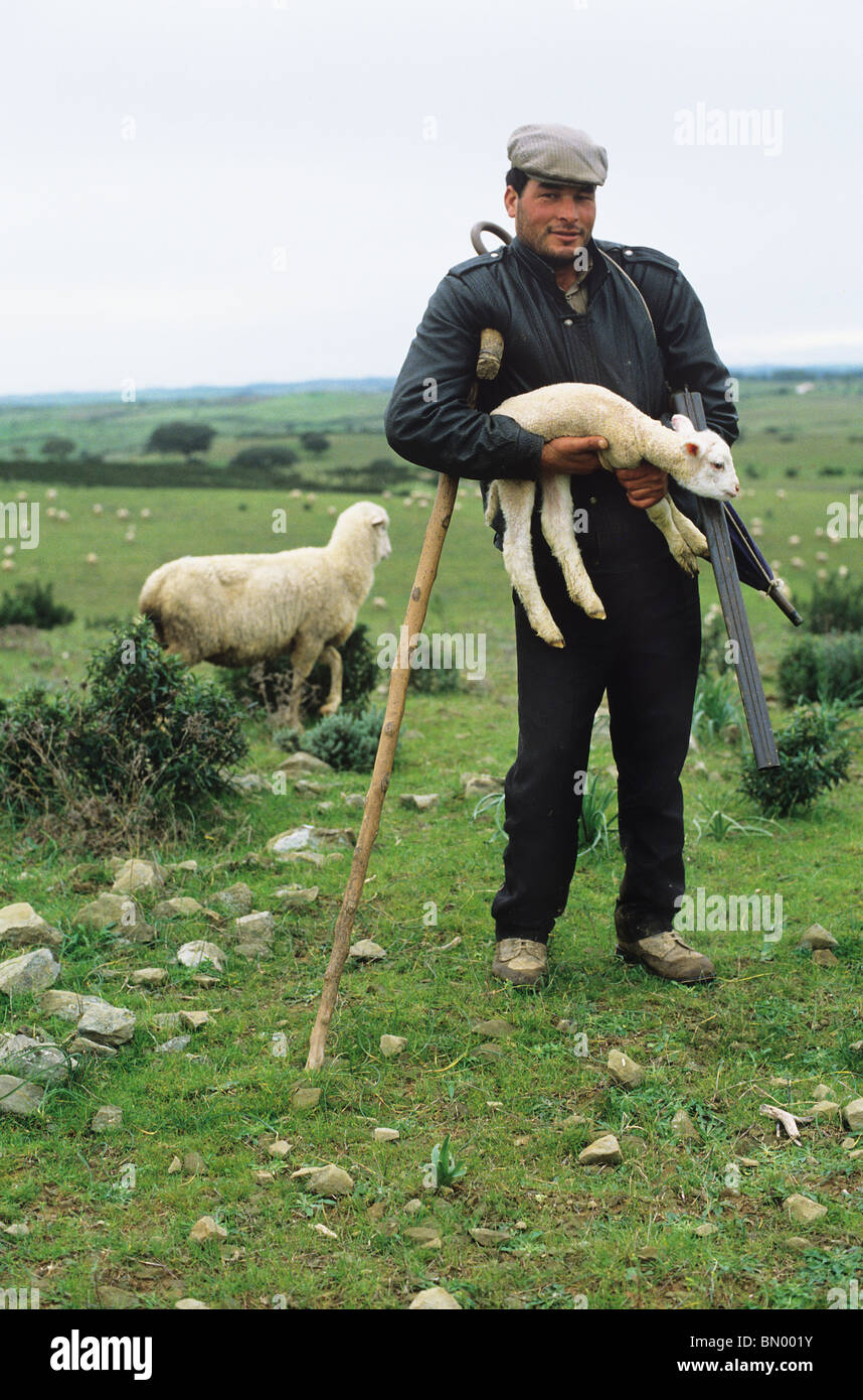En la región de Alentejo, Portugal un pastor con uno de sus corderos está  bien equipado con una tradicional crook y un paraguas Fotografía de stock -  Alamy