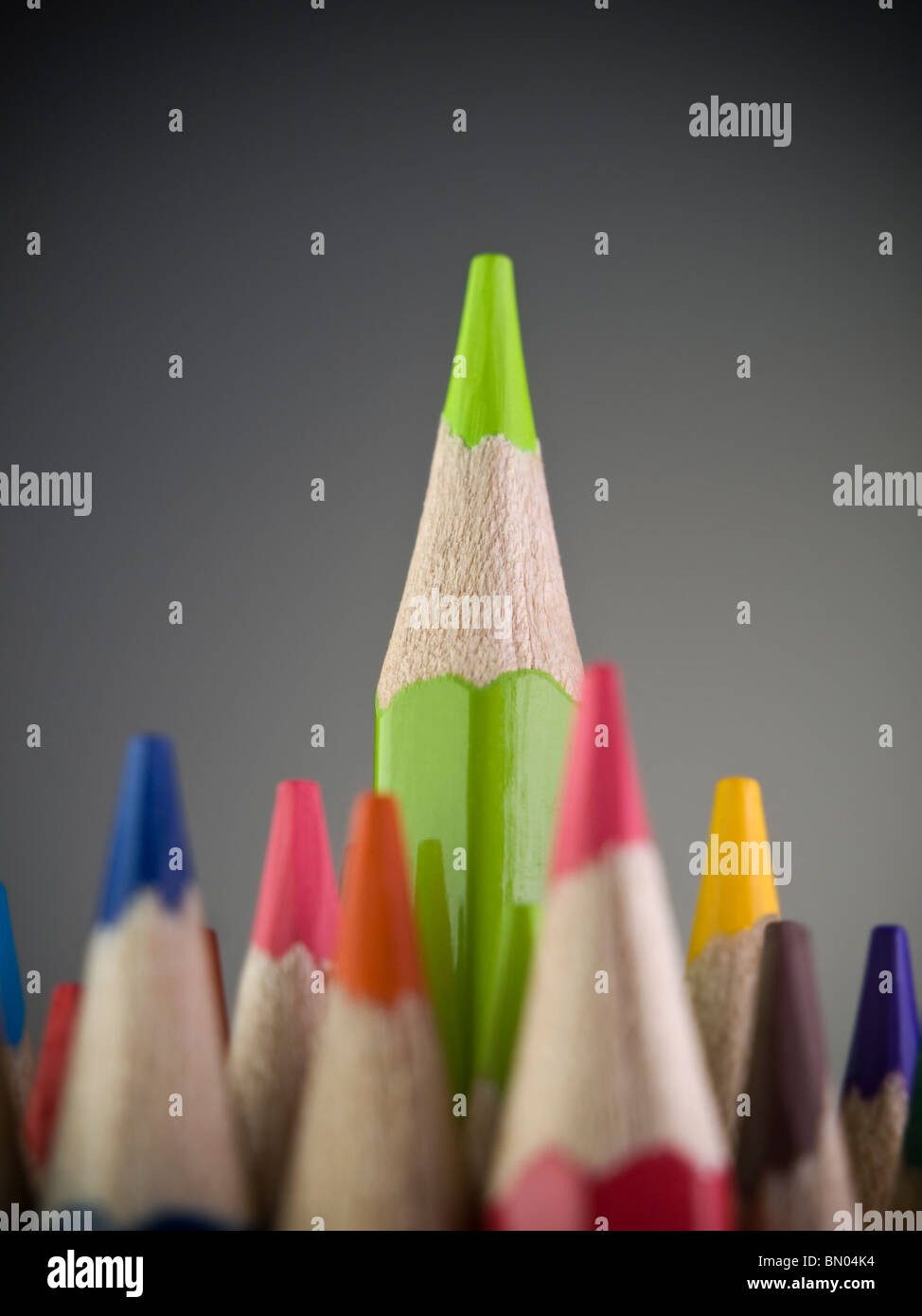 Lápiz verde sale entre muchos lápices de colores. Foto de stock
