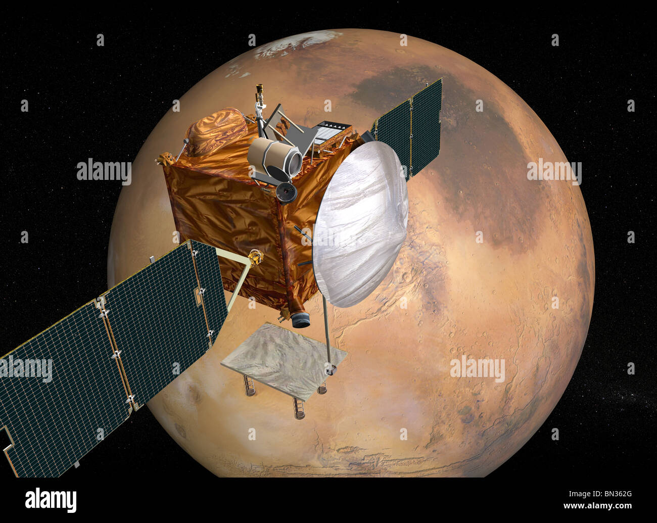 Ilustración mostrando un concepto de telecomunicaciones de Marte de la NASA en vuelo orbital alrededor de Marte Foto de stock