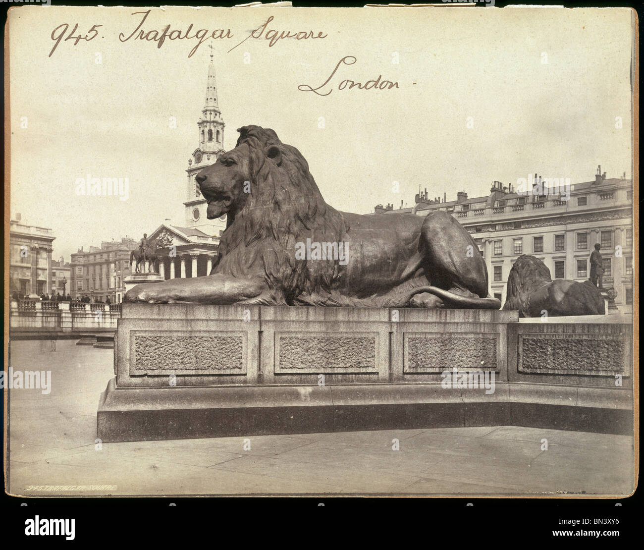León de piedra, Trafalgar Square, Londres, foto Francis Frith. Inglaterra, 1860-70 Foto de stock