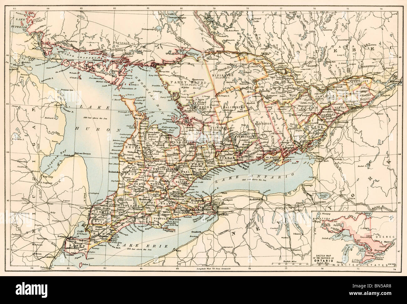 Mapa de Ontario, Canadá, 1870. Litografía de color Fotografía de stock