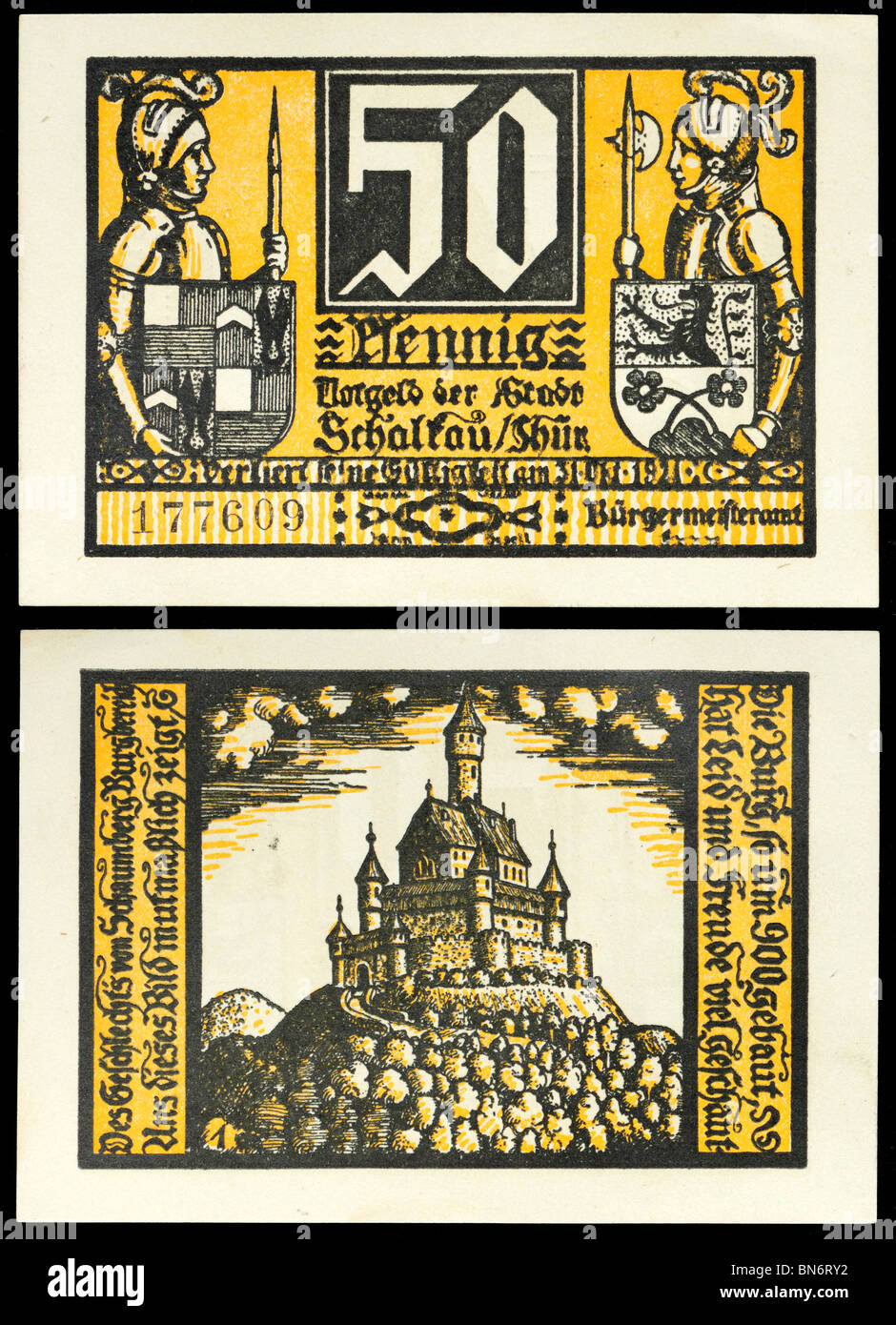Notgeld alemana (dinero de emergencia) del período de hiperinflación. Nota válida hasta octubre de 1921. 50PF, desde Schaltau / Thur. Foto de stock