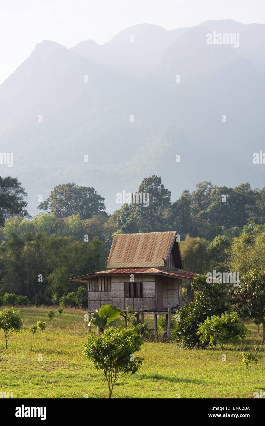 Tradicional casa de bambú sobre pilotes, al norte de Tailandia Foto de stock