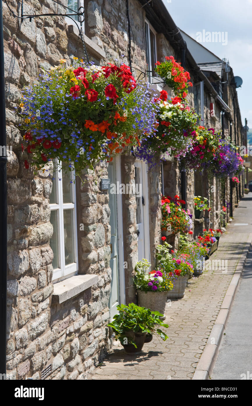 Pintoresca hilera de casas adosadas con cestas colgantes fuera de heno-on-Wye Gales Powys UK Foto de stock