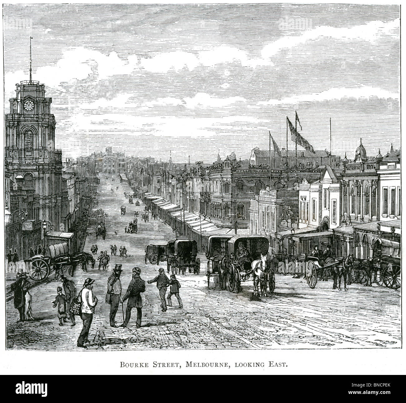Un grabado de Bourke Street, Melbourne, Victoria, Australia - publicado en un libro impreso en 1886. Foto de stock