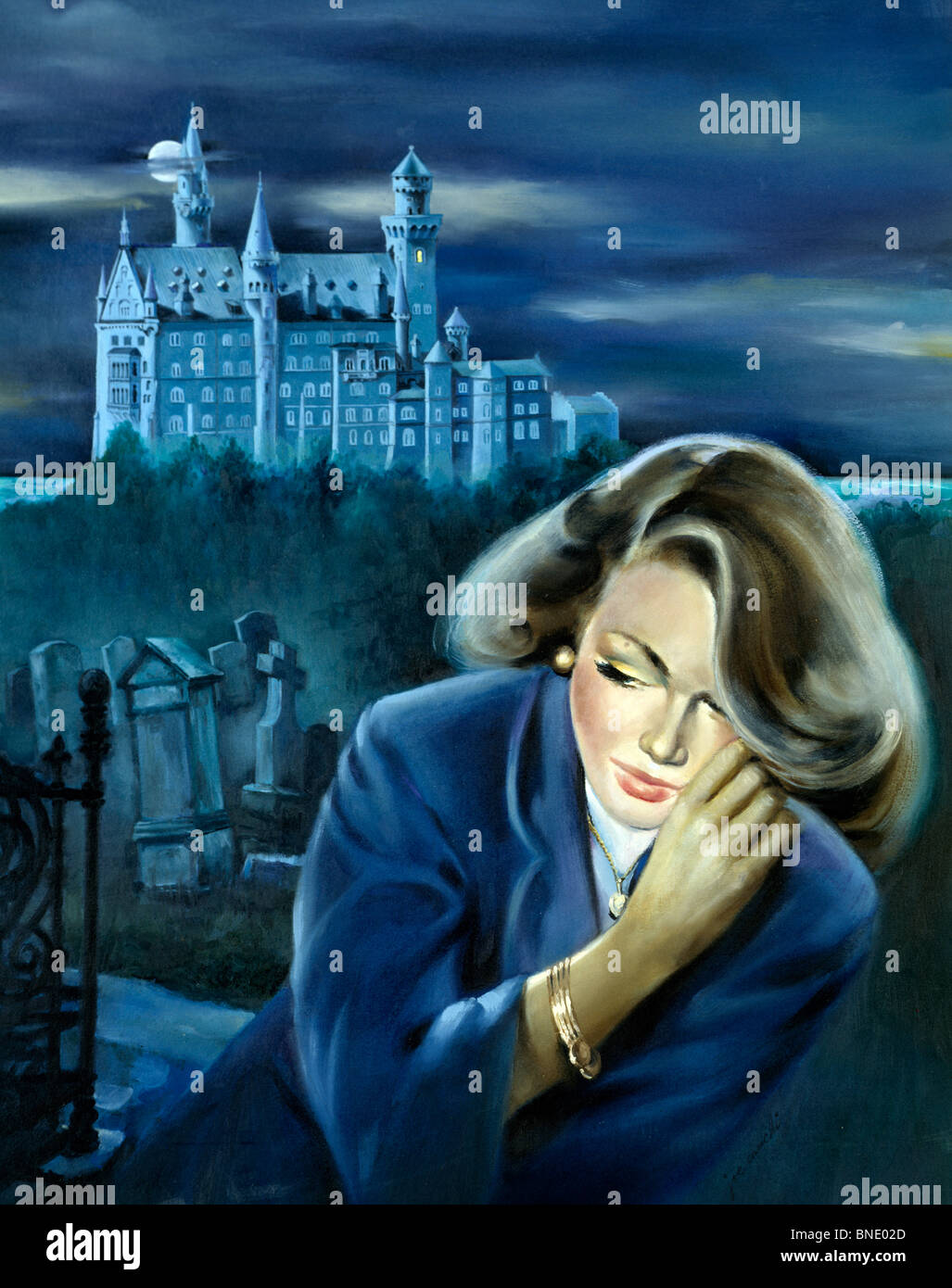 Mujer con un castillo en el fondo Foto de stock