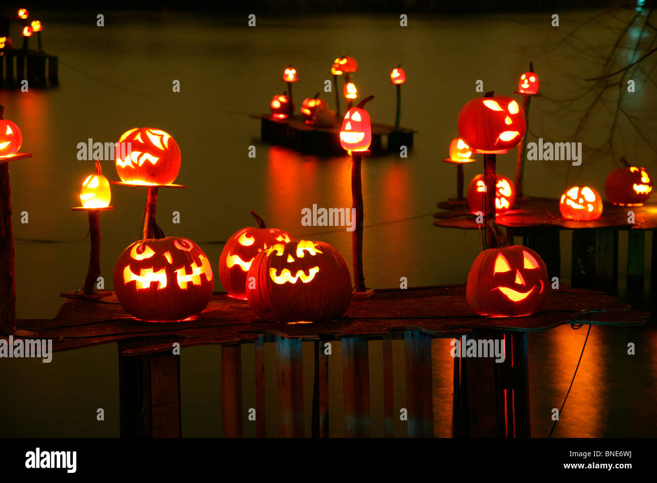 Jack o' lanterns iluminados durante la noche, Roger Williams Park Zoo, Providence, Rhode Island, EE.UU. Foto de stock