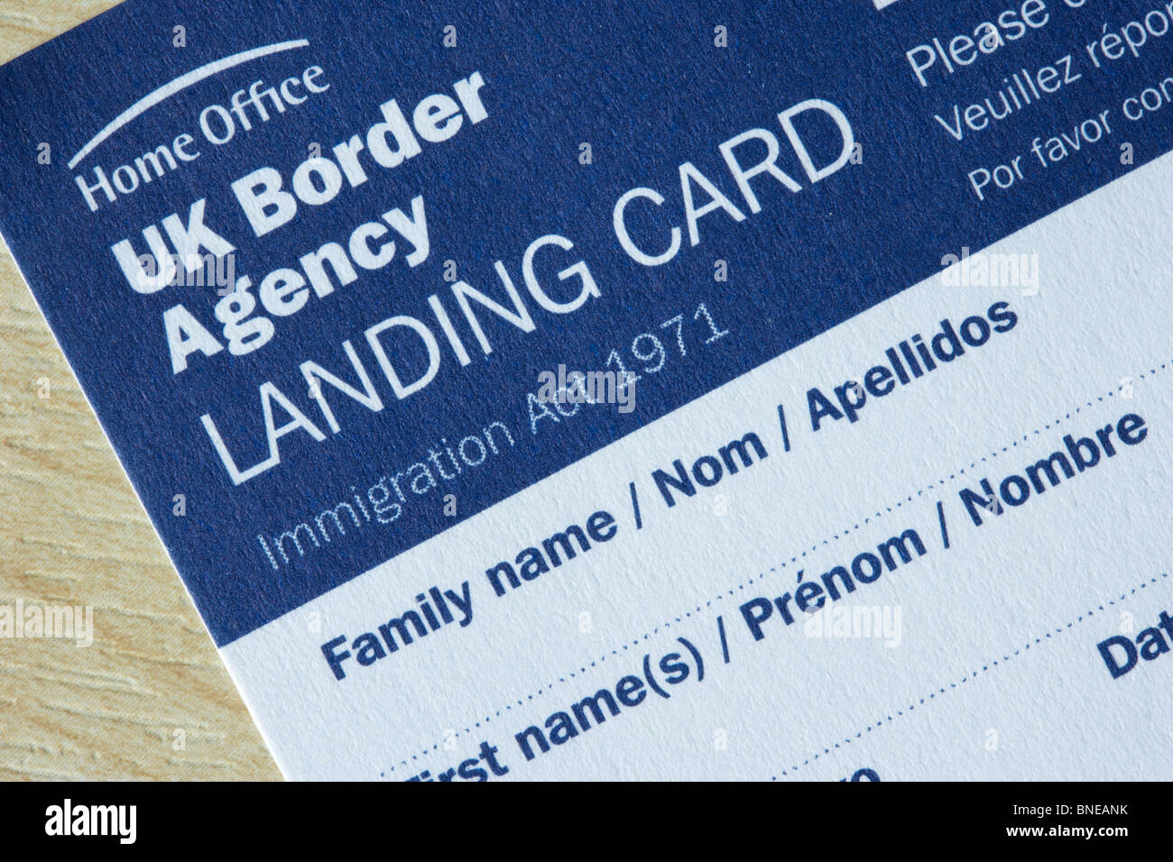 Tarjeta de desembarque de UK Border Agency formulario de inmigración Foto de stock