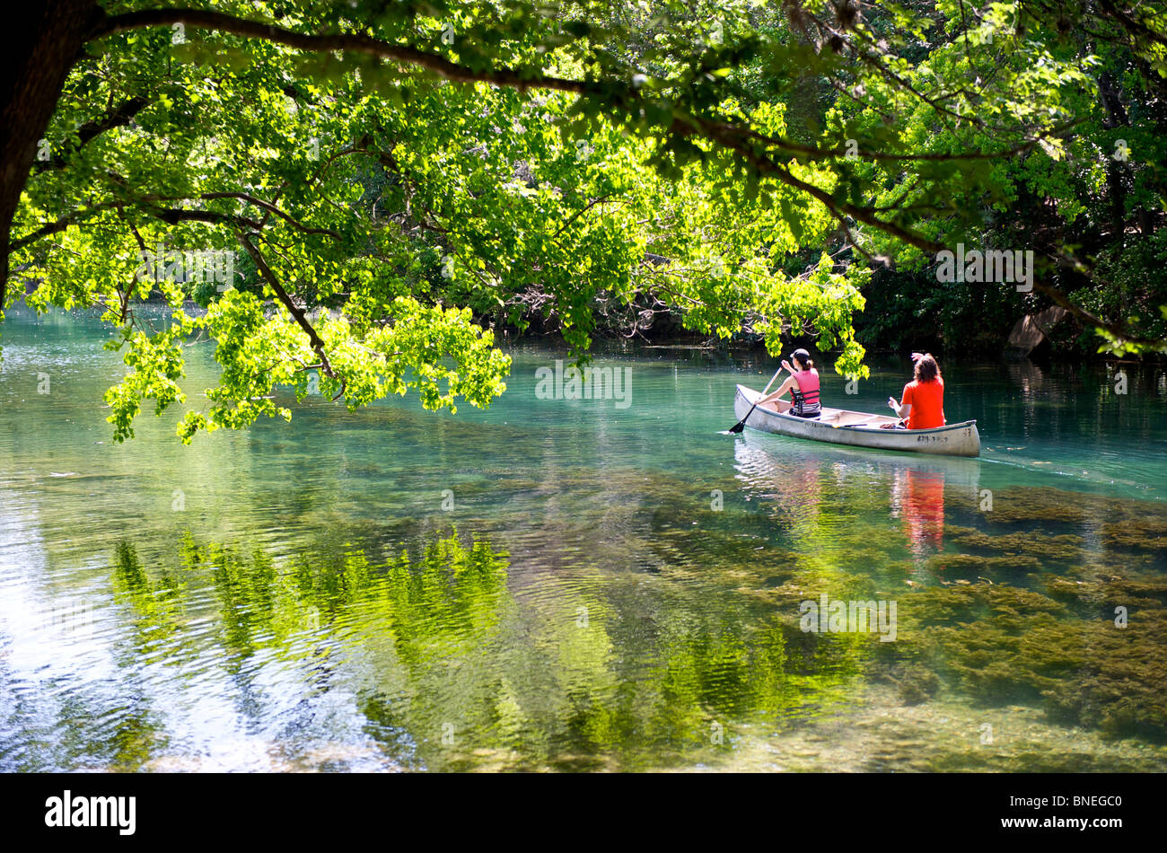 Canoe ha sido el alquiler de botes en el río Colorado en el Parque Zilkar, Austin, Texas, EE.UU. Foto de stock