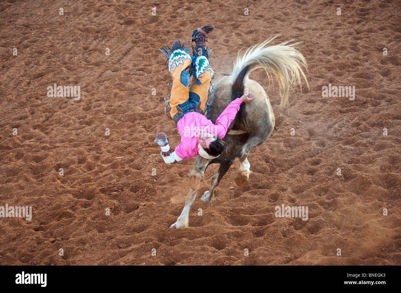 Miembro de cowboy Rodeo PRCA está bajando desde la parte posterior del caballo en Smalltown Bridgeport, Texas, EE.UU. Foto de stock