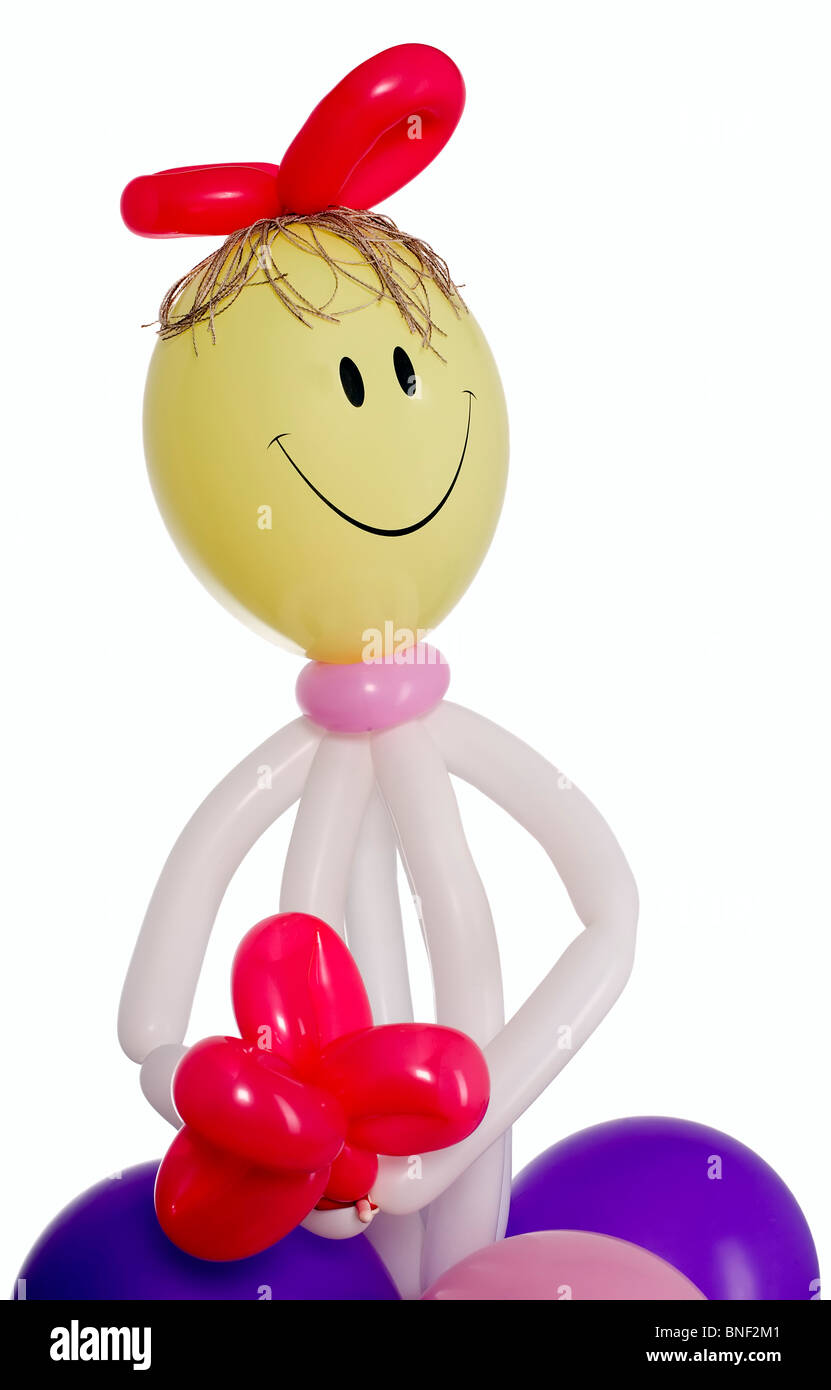 Feliz figura de hombre con muchos globos, divertido concepto Foto de stock