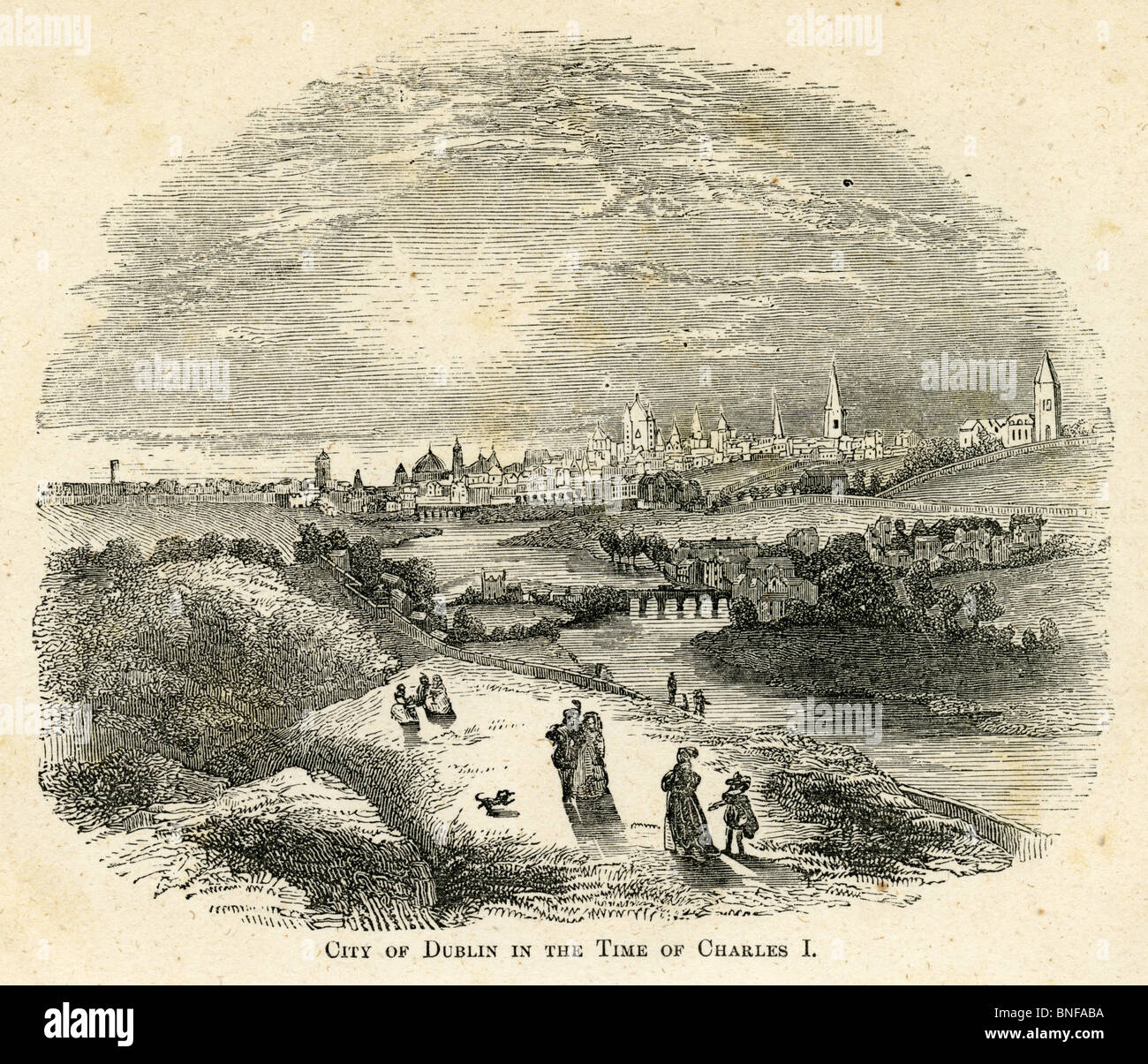 Circa 1860 grabado, 'Ciudad de Dublín en tiempos de Carlos I (1600-1649). Foto de stock