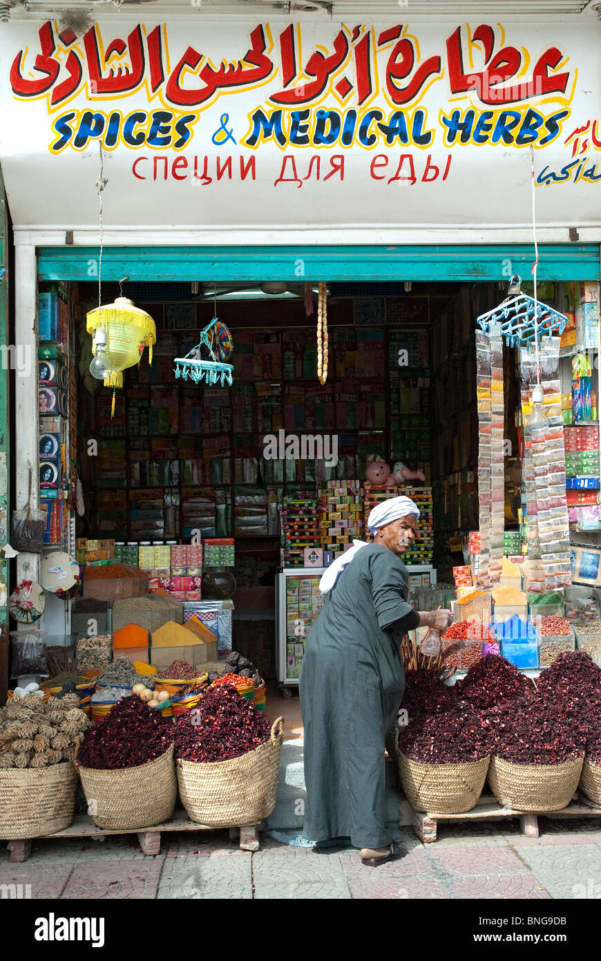 Tienda de especias Trader, Sheraton Street, Hurghada, Mar Rojo, Egipto Foto de stock