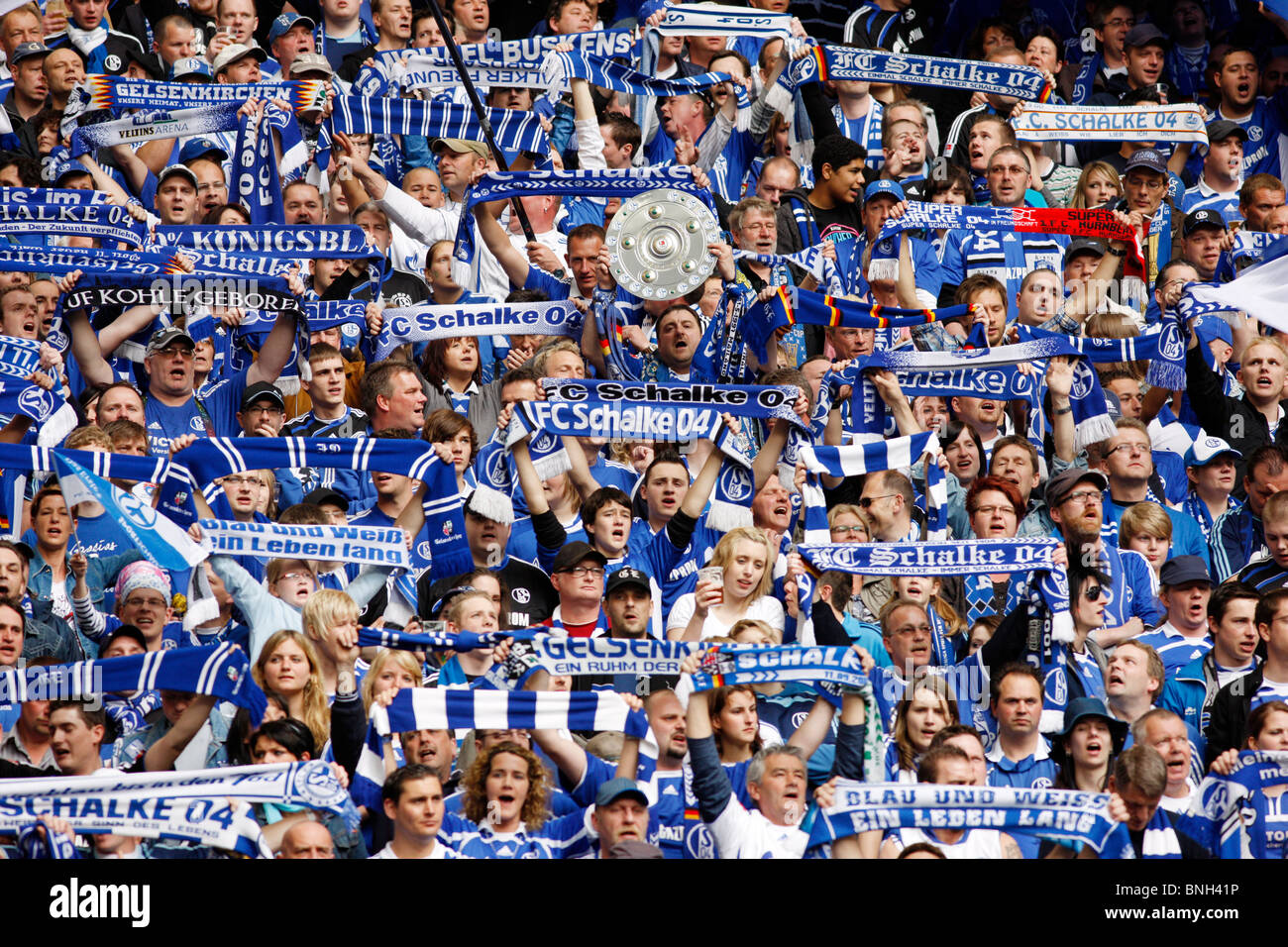 El fútbol, el fútbol americano, partidario de grandes ligas de fútbol club alemán Schalke 04, en el estadio Veltins Arena. Foto de stock