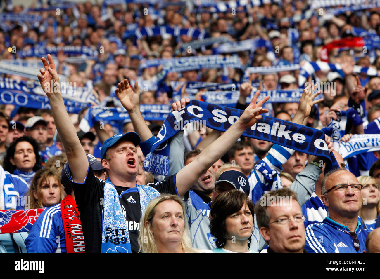 El fútbol, el fútbol americano, partidario de grandes ligas de fútbol club alemán Schalke 04, en el estadio Veltins Arena. Foto de stock