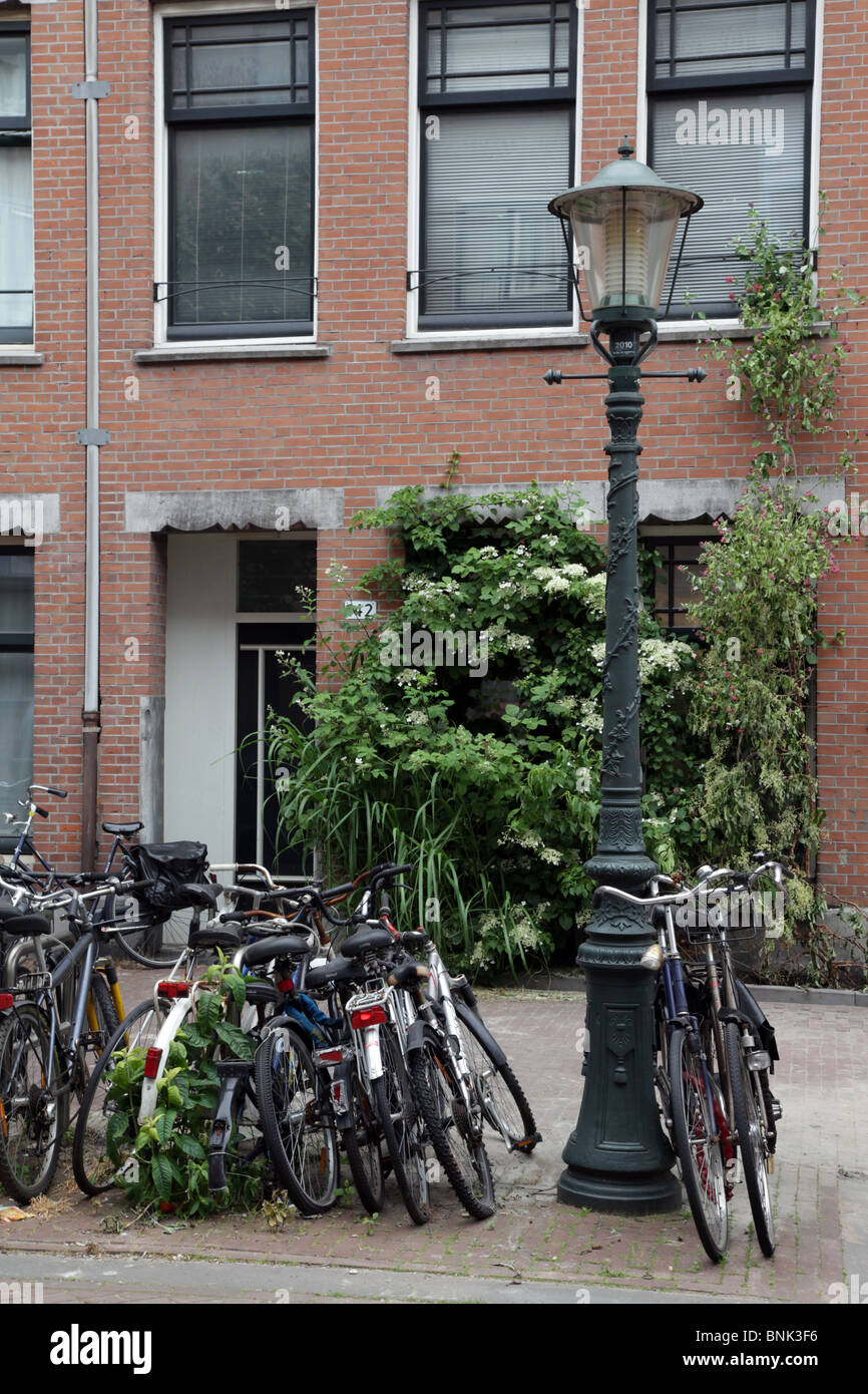Casa y arbustos y bicicletas y farola en Amsterdam Foto de stock