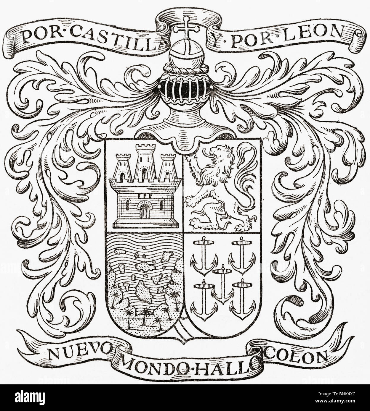 Escudo de Armas de Cristóbal Colón. Cristóbal Colón, c. De 1451 a 1506. Navegante genovés, colonizador y explorador. Foto de stock