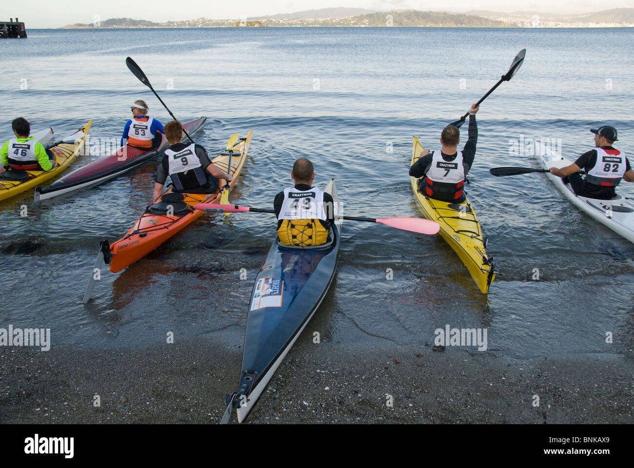 Inicio de la carrera de Kayak, Días Bay, Eastbourne, Wellington, en la Isla del Norte, Nueva Zelanda Foto de stock