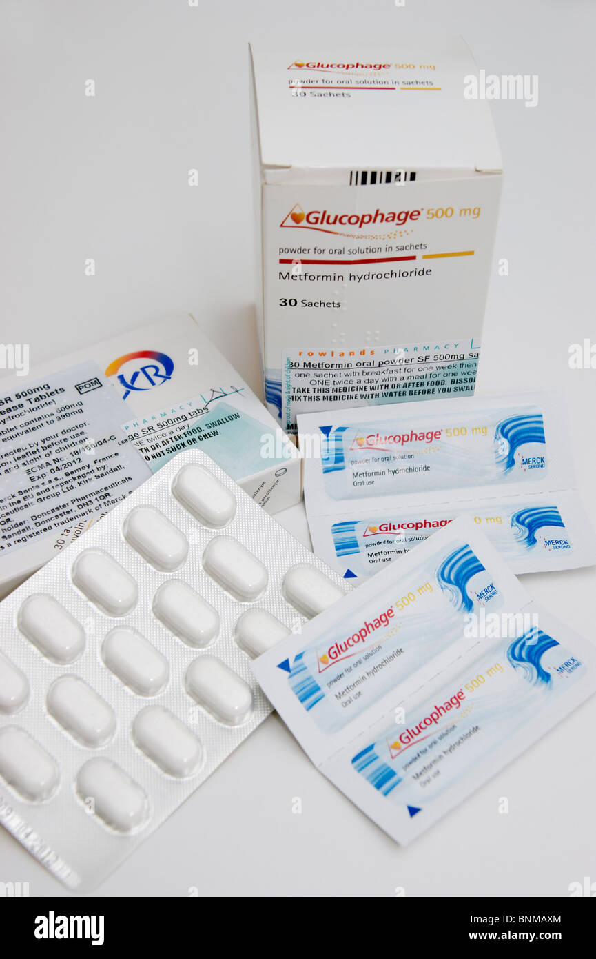 El clorhidrato de metformina prolongada libera las tabletas y sobres para  tratar la diabetes regulando el nivel de azúcar en la sangre Fotografía de  stock - Alamy