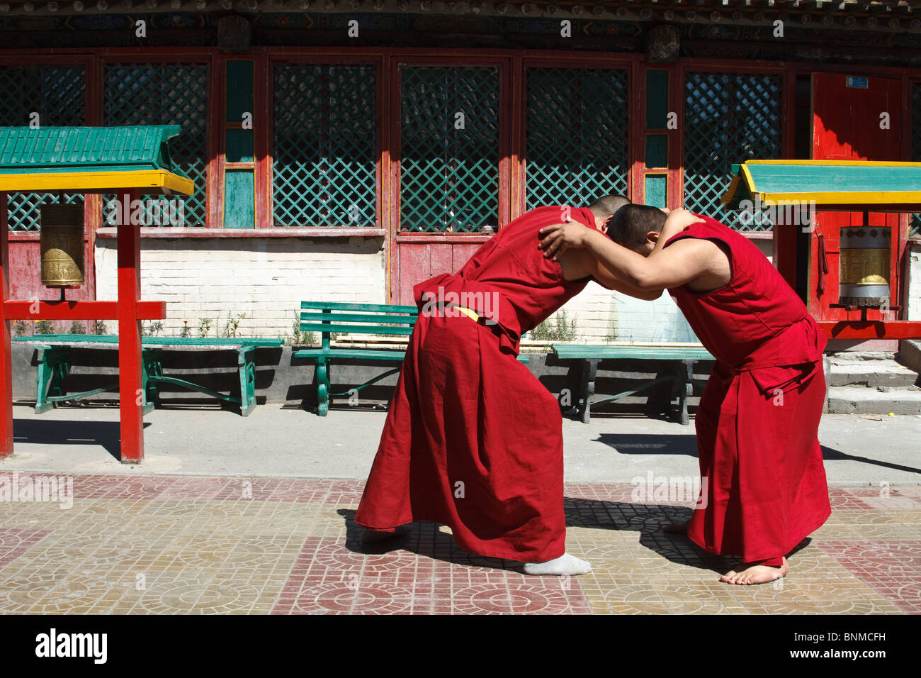 Dos monjes mongoles práctica de lucha en preparación para el próximo Festival de Naadam Foto de stock