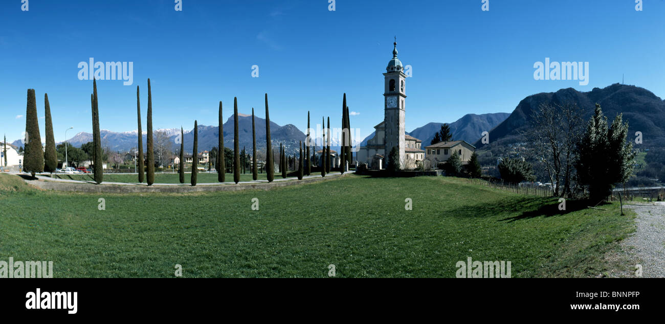 Montagnola TI iglesia iglesia parroquial de Sant'Abbondio religión Canton Ticino de Suiza Südschweiz Cypress Avenue panorama Foto de stock