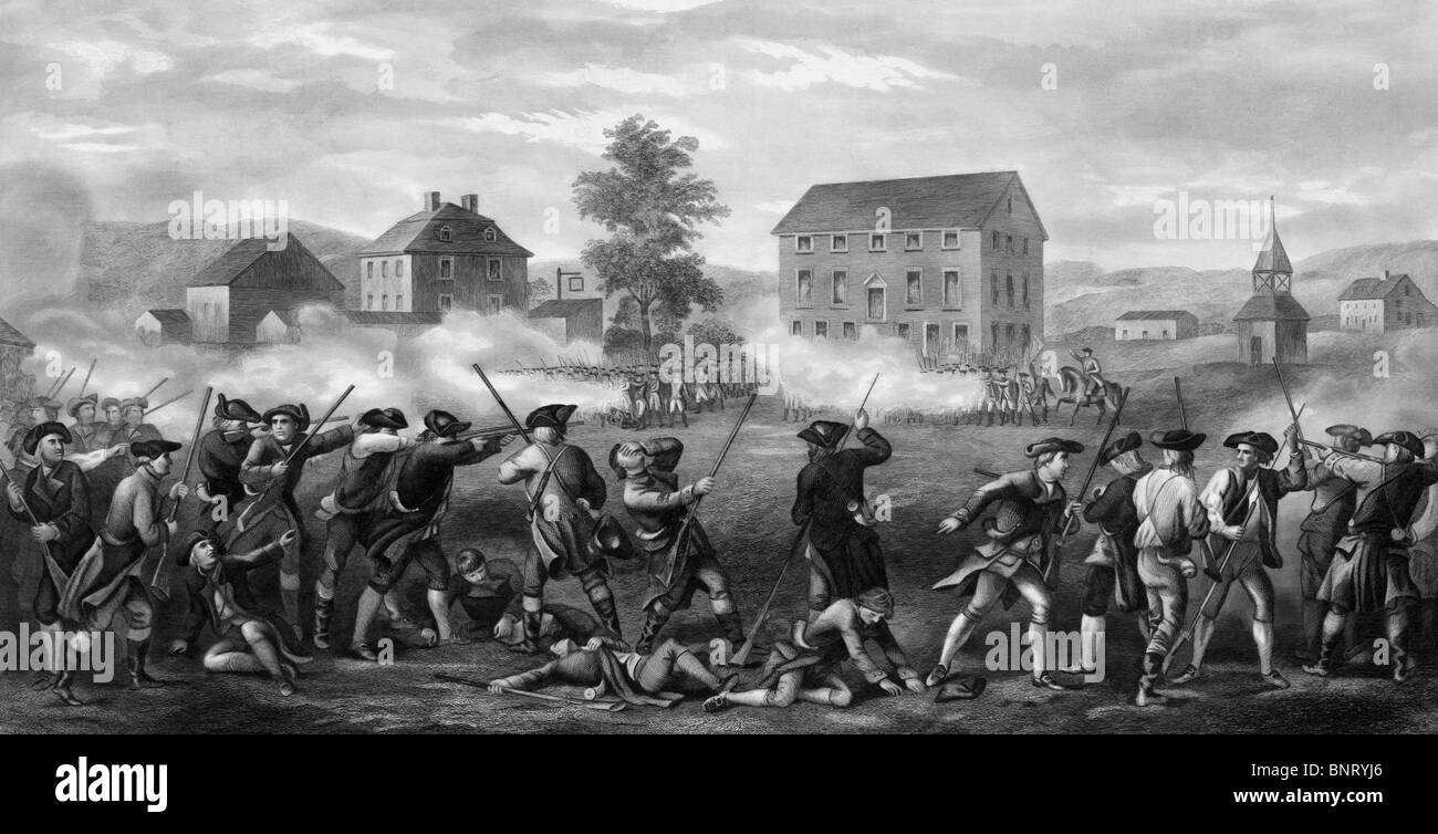 Impresión vintage representando la batalla de Lexington el 19 de abril de 1775 - la primera intervención militar de la Revolución Americana. Foto de stock