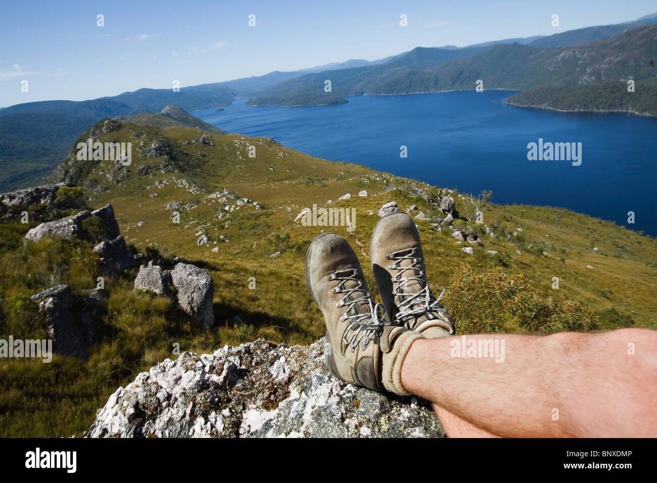 Un excursionista la vista desde la cima de Monte Farrell, en Tasmania el altiplano occidental. Tullah, Tasmania, Australia Foto de stock