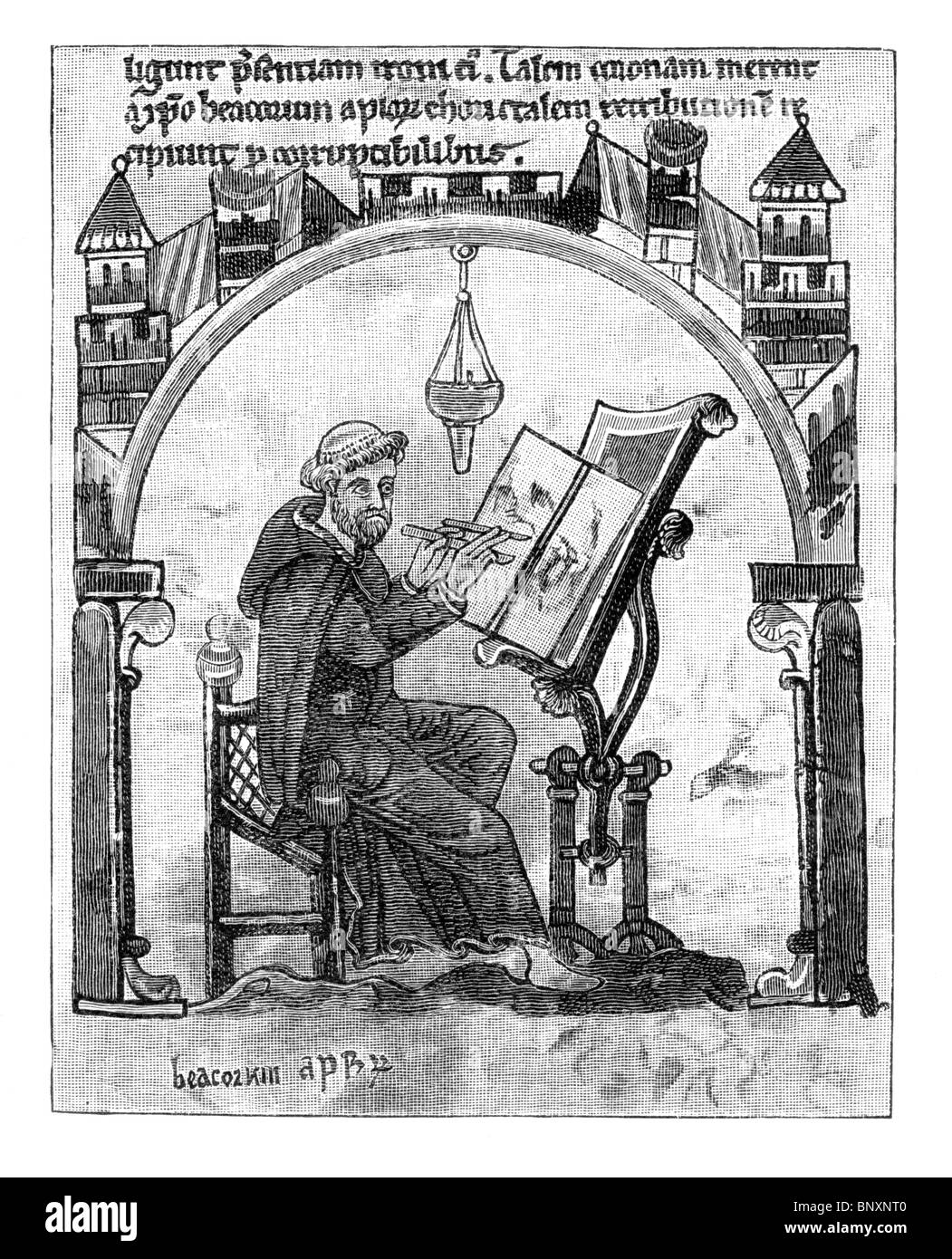 Ilustración en blanco y negro de monje en su escritorio Foto de stock